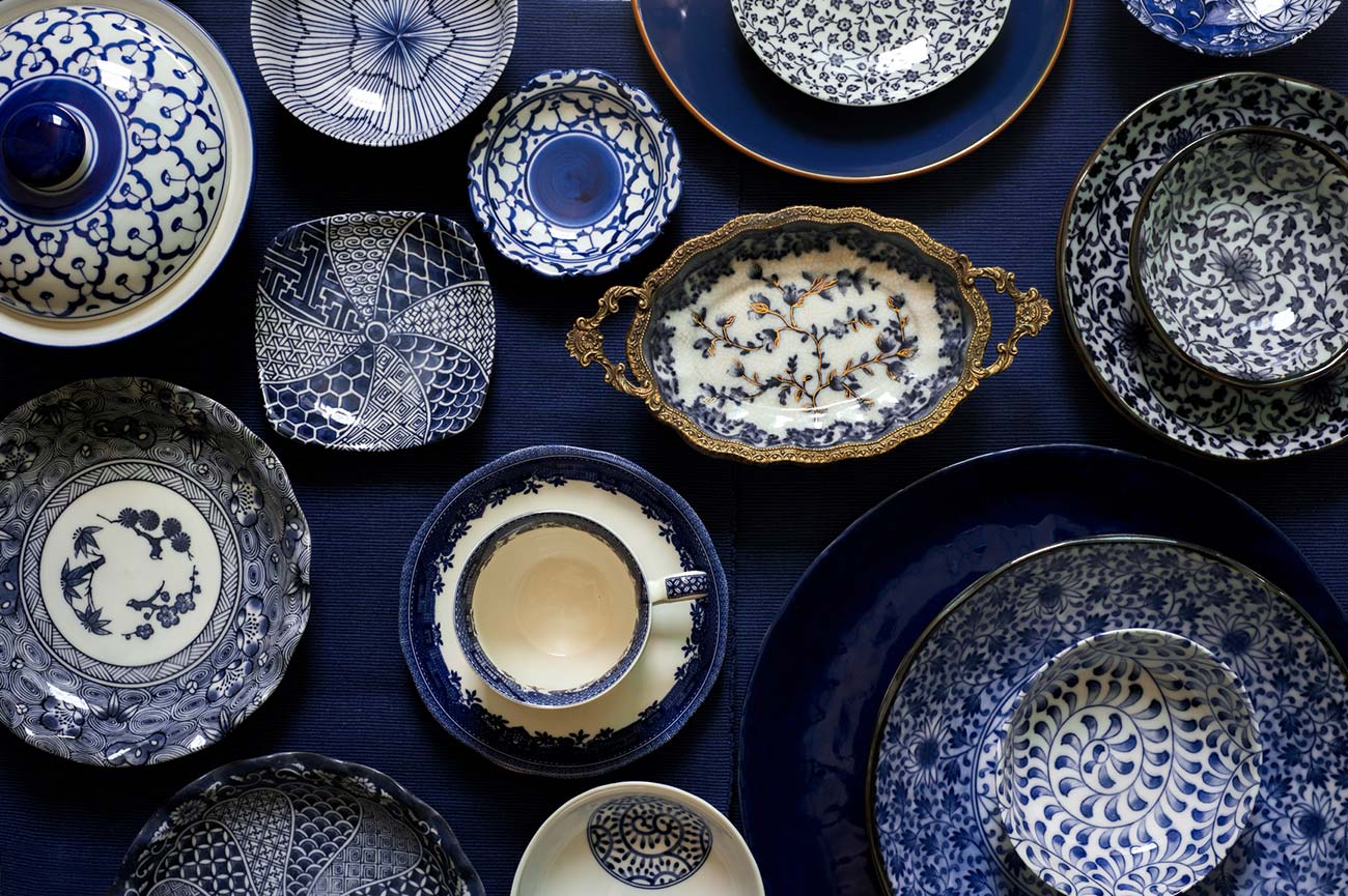 An assortment of blue chinaware