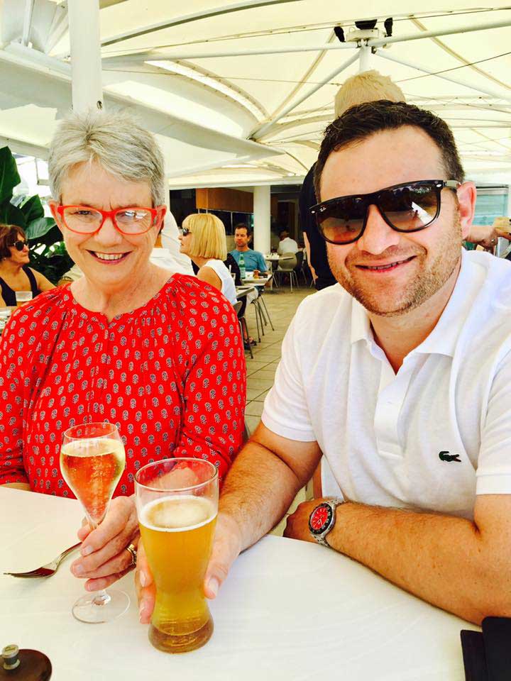 Kent Paroz and his mother enjoying a pint of beer.