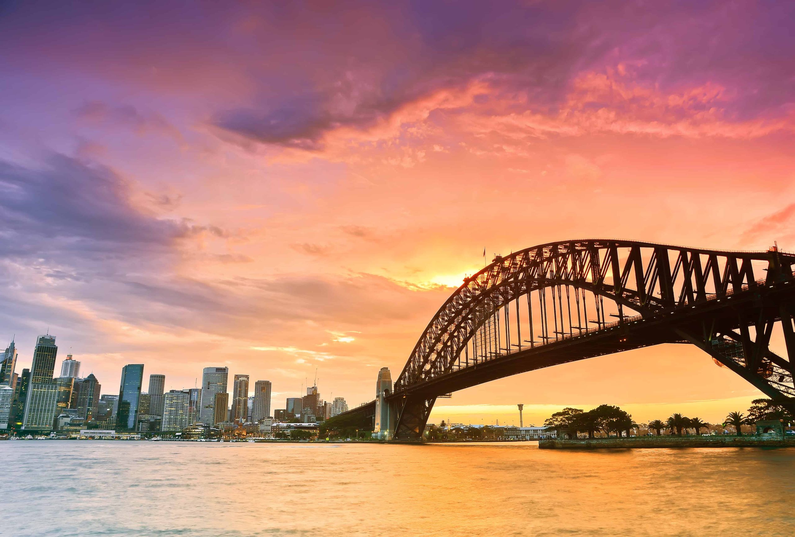 Beautiful sunset scene on the Sydney Harbor Bridge