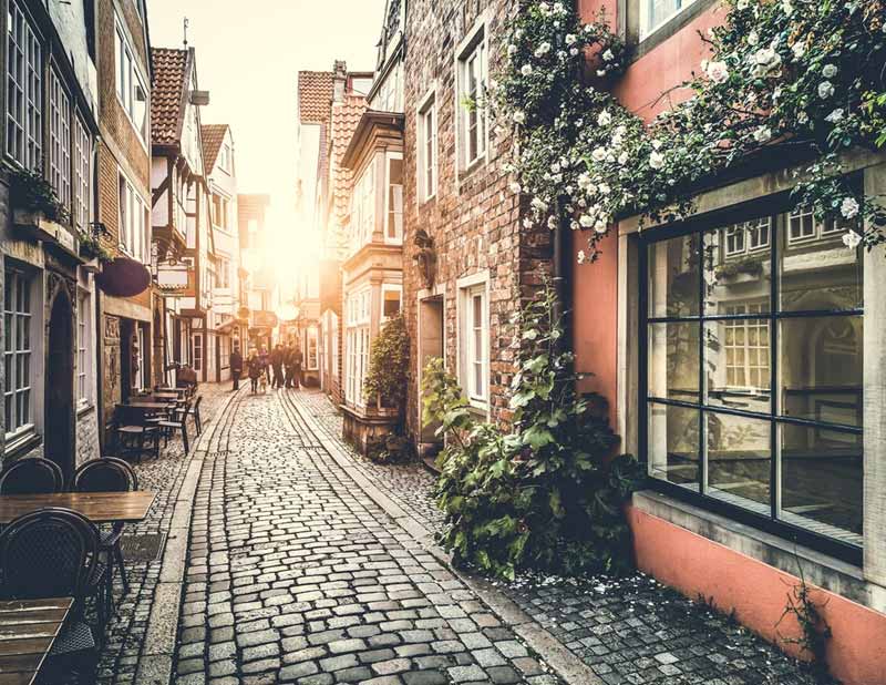 Old town in Europe at sunset with retro feel